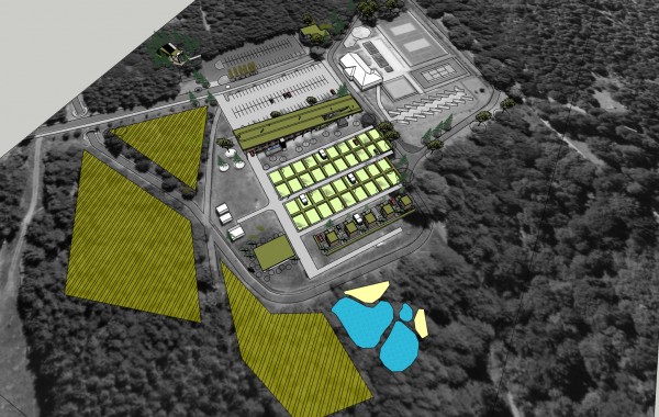 Možné řešení: šrafováním prostory pro stany v lese, prostory pro karavany a chatky napravo, možnost vytvořit mokřady či malá přírodní jezírka. Jedná se pouze o návrh k diskuzi, o finální podobě není rozhodnuto.