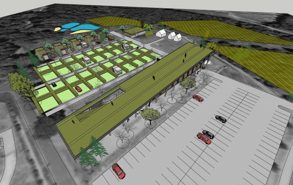 Možné řešení: hlavní budovy se zatravněnou střechou. Jedná se pouze o návrh k diskuzi, o finální podobě není rozhodnuto.